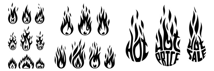 Flame icon set in flat style isolated on the white background. Different shapes in black. Vector illustration.