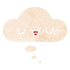 happy cartoon expression and thought bubble in retro textured style