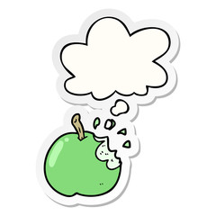 cartoon bitten apple and thought bubble as a printed sticker