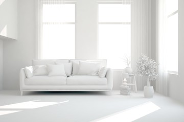 Mock up of stylish room in white color with sofa. Scandinavian interior design. 3D illustration