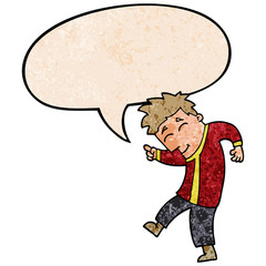 cartoon dancing man and speech bubble in retro texture style