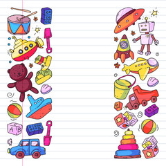 Obraz premium Vector pattern with kindergarten, toy children. Happy children illustration. Drawing on exercise notebook.