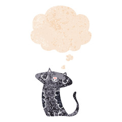 cartoon cat and thought bubble in retro textured style