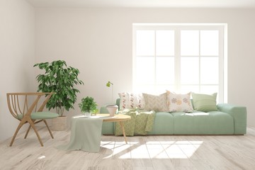 Stylish room in white color with sofa. Scandinavian interior design. 3D illustration