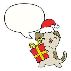 cute cartoon puppy and christmas present and hat and speech bubble