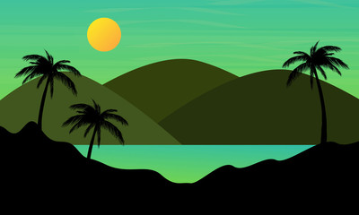 Fototapeta na wymiar Green theme sea sunset landscape