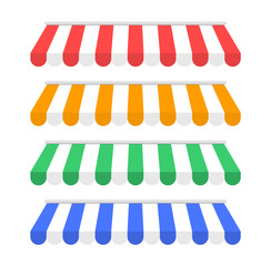 Set of striped awnings. Collection colored awnings. Store roof. © Anya