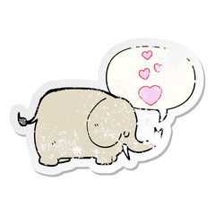 cute cartoon elephant and love hearts and speech bubble distressed sticker