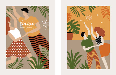 vertical banners with dancing couple, stylized figures of dancing woman and man