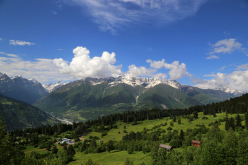 View of a mountain valley near the village of Mestia in the Upper Svaneti region, Georgia.