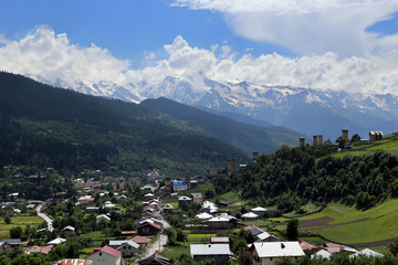 Fototapeta na wymiar View of the Svan towers of the village of Mestia in the Upper Svaneti region, Georgia.