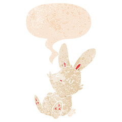 cartoon rabbit sleeping and speech bubble in retro textured style