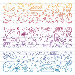 Vector pattern with kindergarten, toy children. Happy children illustration. Gradient drawing on exercise notebook.