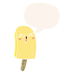 cartoon frozen ice lolly and speech bubble in retro style