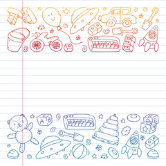 Vector pattern with kindergarten, toy children. Happy children illustration. Gradient drawing on exercise notebook.