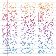 Vector pattern with kindergarten, toy children. Happy children illustration. Gradient drawing on exercise notebook.