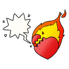 cartoon flaming heart and speech bubble in smooth gradient style