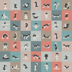 Fototapeta premium Yoga dogs poses and exercises doing clipart. Funny cartoon poster seamless pattern design