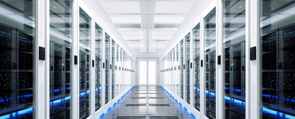 Data server rack center. Backup cloud service. 3D rendering