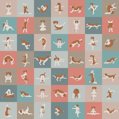Fototapeta premium Yoga dogs poses and exercises doing clipart. Funny cartoon poster seamless pattern design