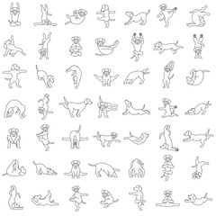 Yoga dogs poses and exercises doing clipart. Funny cartoon simple outline seamless pattern design