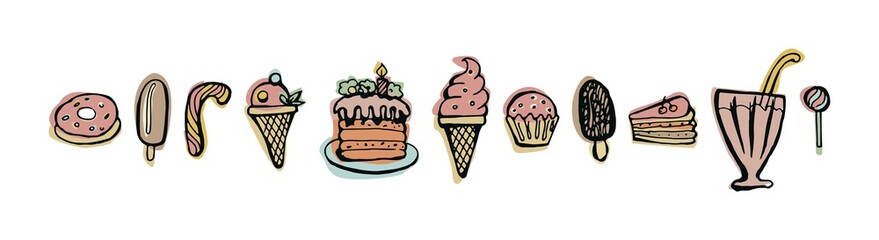 Set of hand drawn doodle desserts. Ice cream, cakes, pastries, sweets, caramel. Multicolored vector illustration isolated on white background.