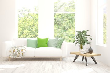 Stylish room in white color with sofa and summer landscape in window. Scandinavian interior design. 3D illustration