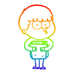 rainbow gradient line drawing cartoon curious boy holding a book