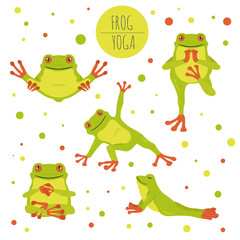 Frog yoga poses and exercises. Cute cartoon clipart set