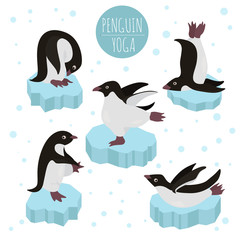 Penguin yoga poses and exercises. Cute cartoon clipart set