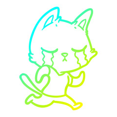 cold gradient line drawing crying cartoon cat running away