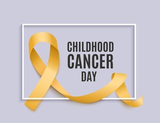 Childhood cancer day banner with yellow curly ribbon and frame realistic style