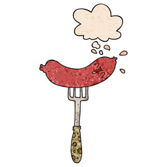 cartoon happy sausage on fork and thought bubble in grunge texture pattern style