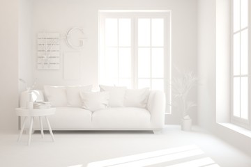 Mock up of stylish room in white color with sofa. Scandinavian interior design. 3D illustration