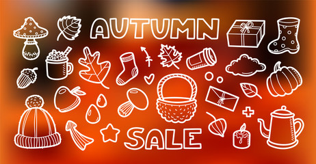 Autumn doodles collection. Vector white set on color background