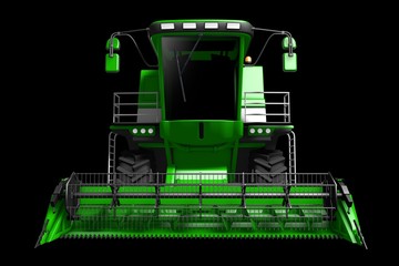 industrial 3D illustration of huge modern green grain agricultural combine harvester front view isolated on black