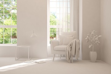 Mock up of stylish room in white color with armchair and green landscape in window. Scandinavian interior design. 3D illustration