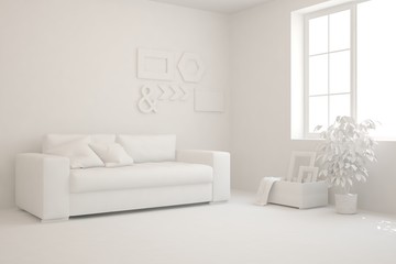 Mock up of stylish room in white color with sofa. Scandinavian interior design. 3D illustration