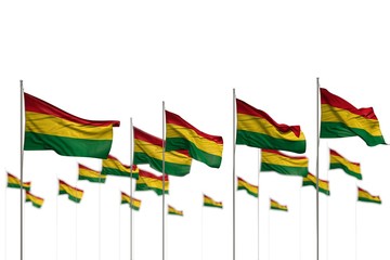 pretty day of flag 3d illustration. - Bolivia isolated flags placed in row with selective focus and place for text