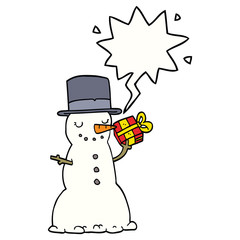 cartoon christmas snowman and speech bubble