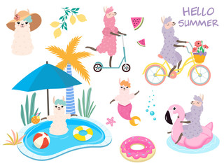Set of stylized cartoon llamas.  Summer fun. Vector elements for cards, posters, banners.