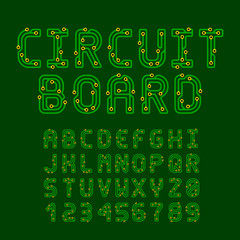 Circuit Board Style Vector Latin Font. Letters and Numbers made of conductive tracks