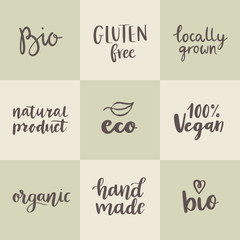 Set of organic, eco, bio, natural, gluten free, vegan food labels and vector design elements. Hand drawn healthy food logo templates.