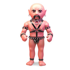 Bald gay fetish man in bondage outfit stands firm, 3d illustration