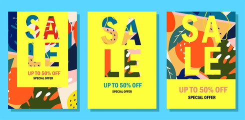 Collection of summer sale banners. Trendy abstract design. Modern exotic tropical fruits and plants.