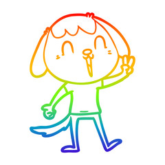 rainbow gradient line drawing happy cartoon dog giving peace sign