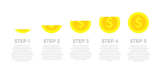 Vector coins infographic concept. Timeline illustration of coin stack for business design and marketing presentation. Concept of saving, donation, investing paying illustration.