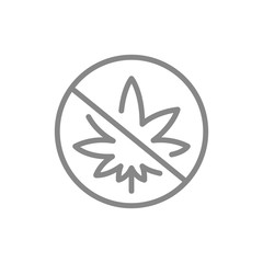 Forbidden sign with cannabis leaf line icon. No drugs sign