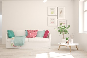 Stylish room in white color with sofa. Scandinavian interior design. 3D illustration