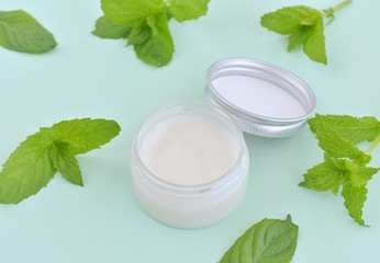 Beauty from nature, organic, homemade  lip balm with peppermint essential oil.